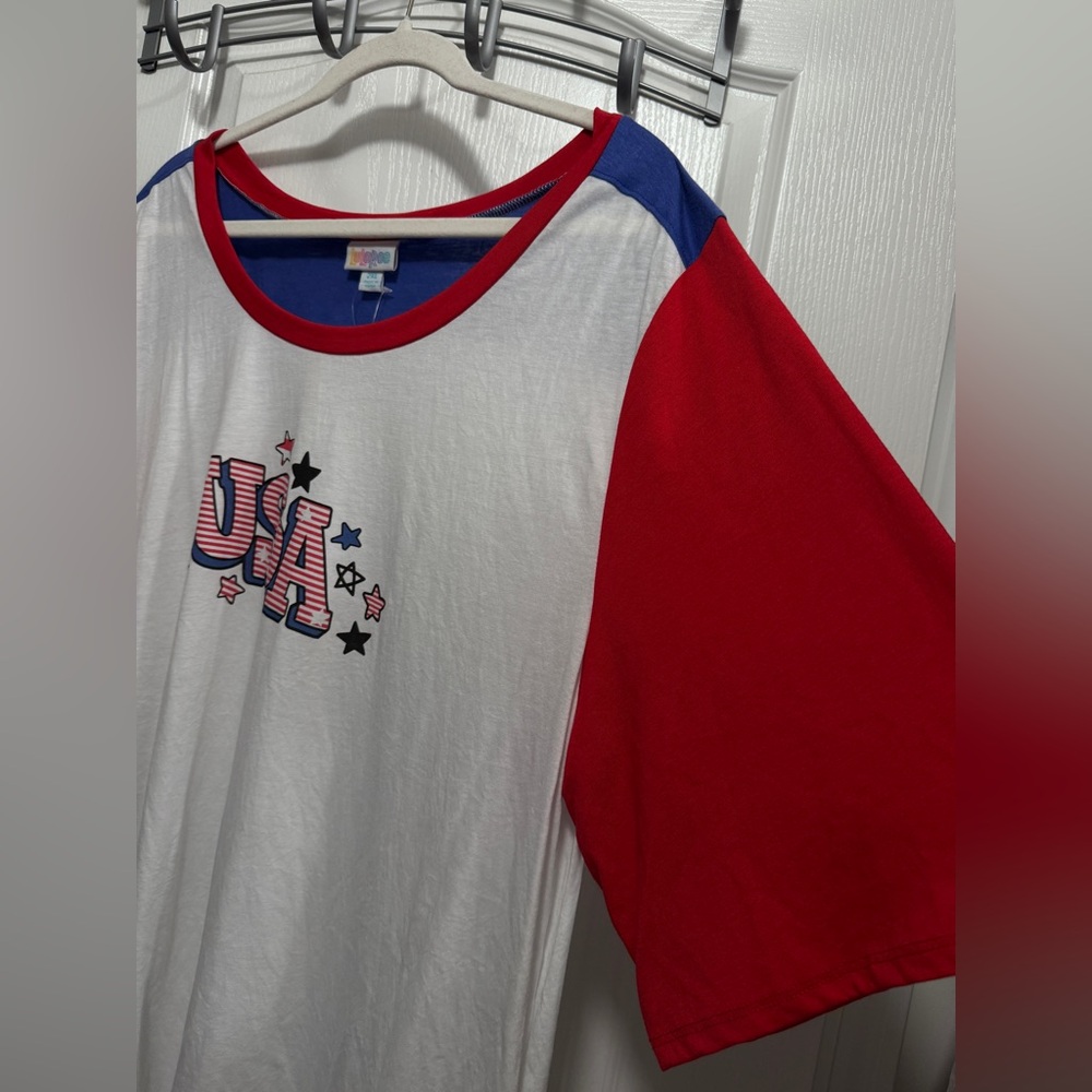 LuLaRoe Boyfriend Tee 2XL USA Americana Patriotic Red White Blue Stars Stripes - Picture 10 of 13